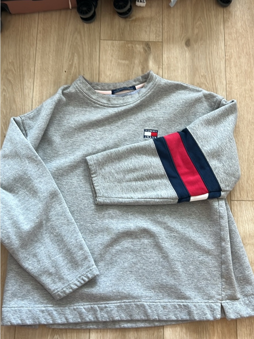 Tommy Hilfiger Light Gray Crewneck with Red & Navy Sleeve Stripe